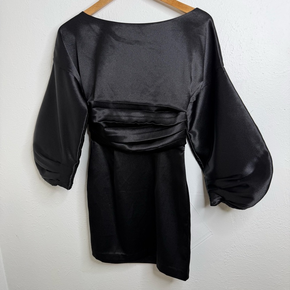 h:ours Cristiano Black Satin Puff Sleeve Mini Dress Sz:XS